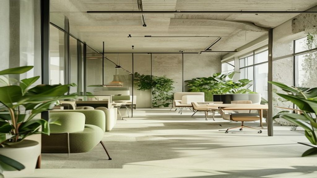 Bright modern office space with natural light and green plants creating a calm workspace environment