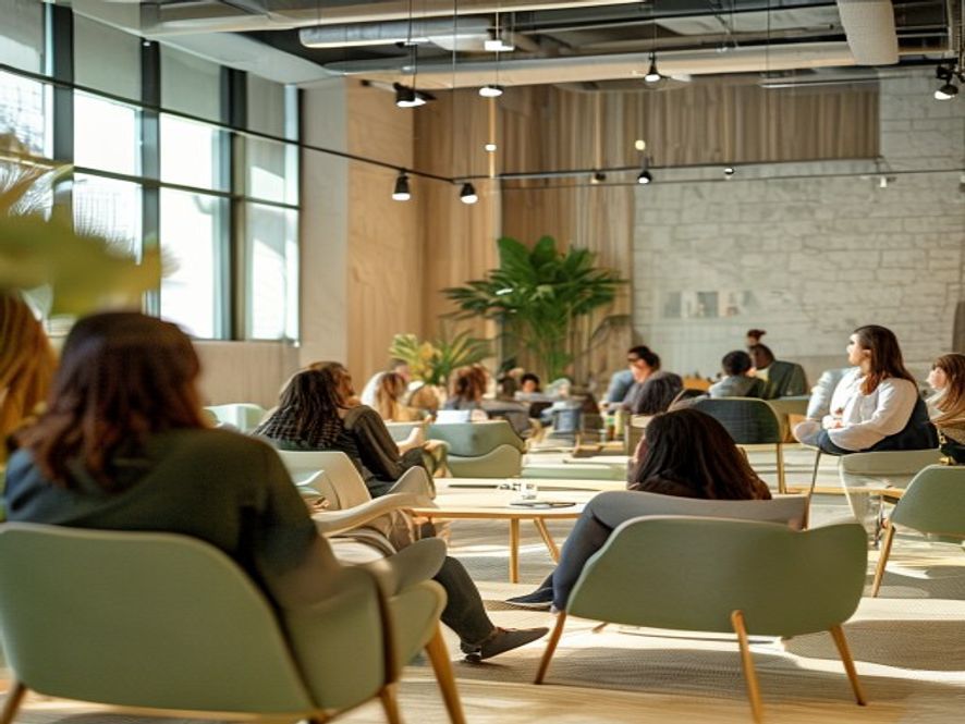 Large diverse group workshop in modern event space with interactive engagement tools and collaborative learning setup