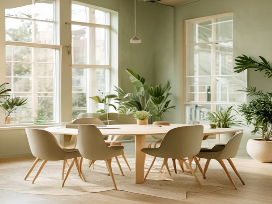 Team collaboration in a light-filled office with comfortable seating and natural elements, representing inclusive workspace design